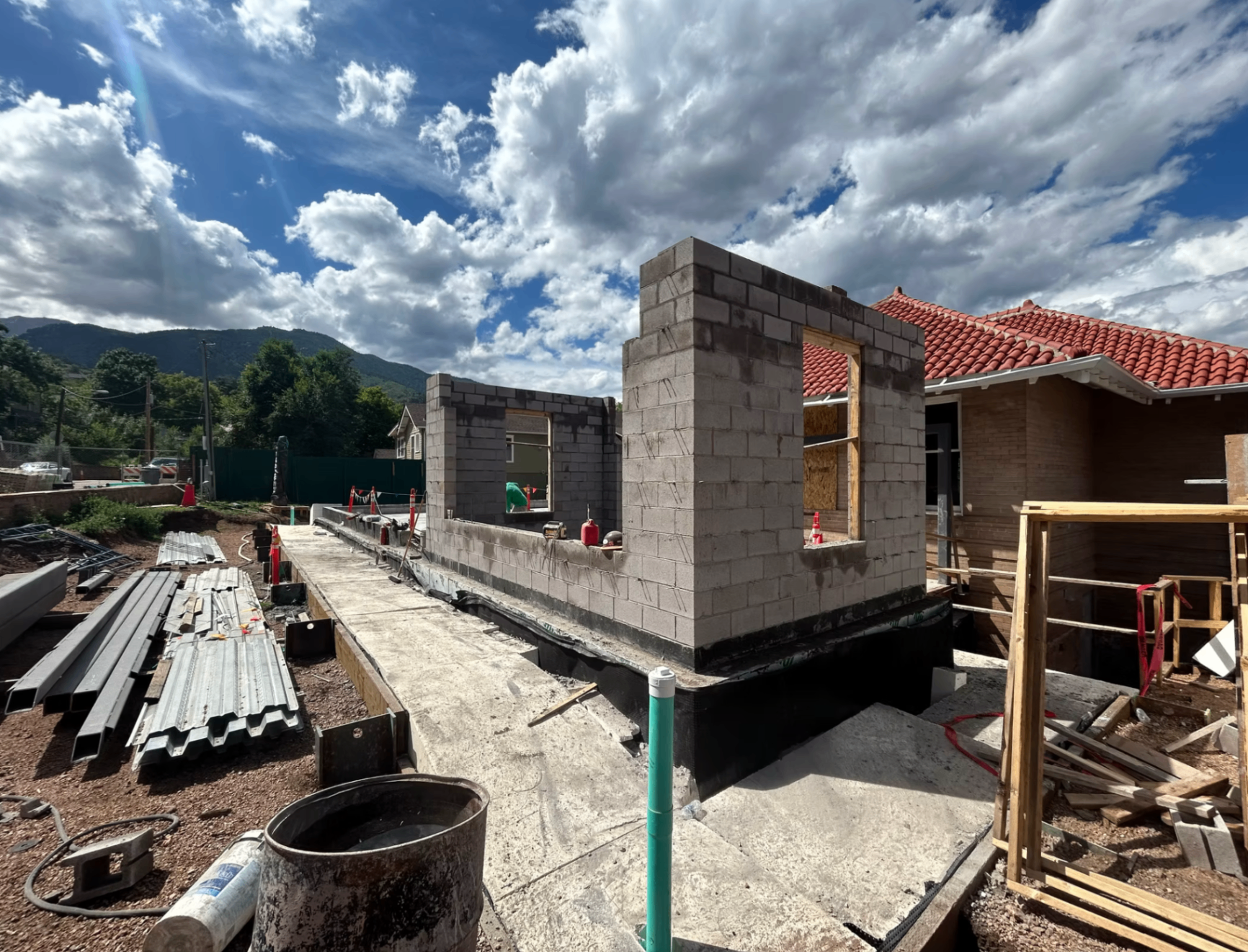 Structural CMU block wall under construction on a Colorado commercial build